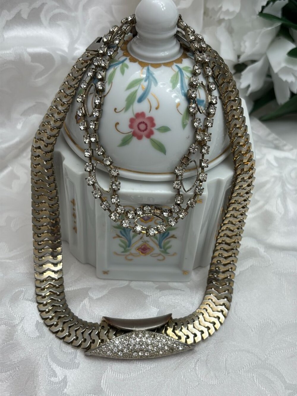 VINTAGE MIXED METAL RHINESTONE NECKLACE & RHINSTONE BRACELET